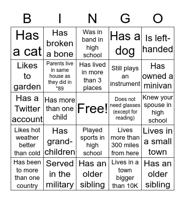 Class of 1989 Reunion Bingo Card