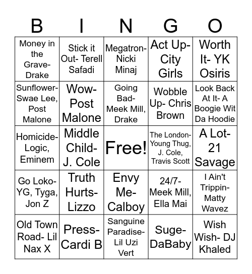 Rap Bingo Card