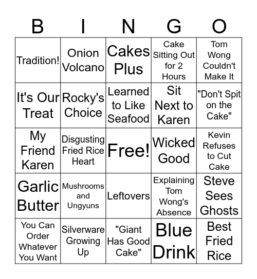 Benihana Bingo Card