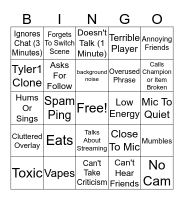 Terrible Streamer Tropes Bingo Card