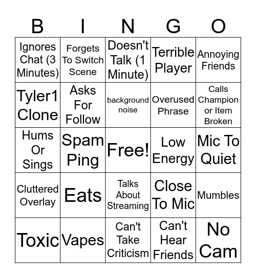 Terrible Streamer Tropes Bingo Card