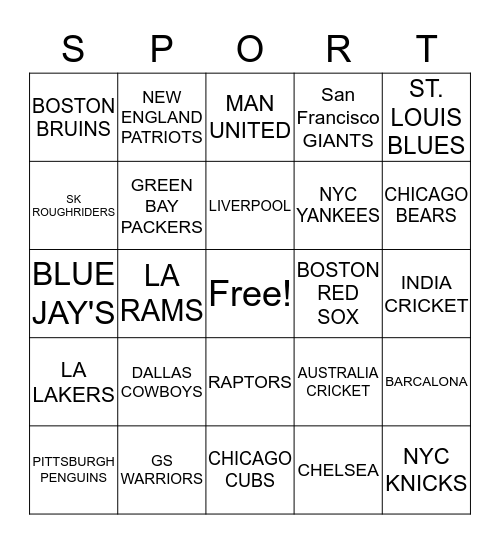 SPORTS TEAMS Bingo Card