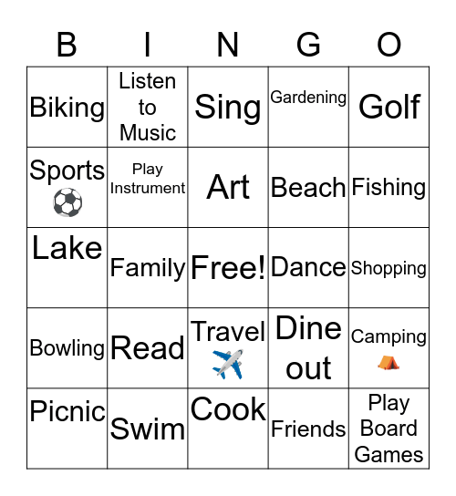 Hobbies Bingo Card