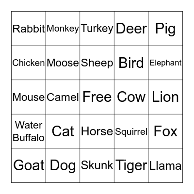 Animals Bingo Card