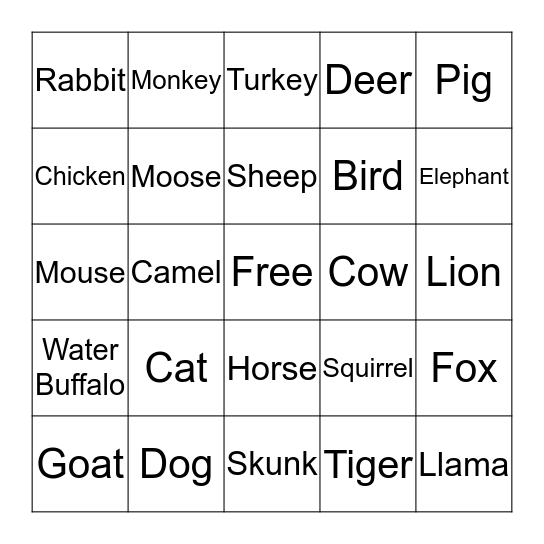 Animals Bingo Card