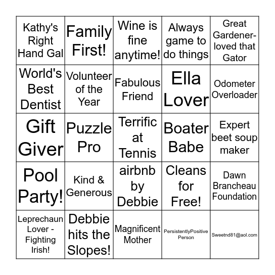 DEBBIE'S BIRTHDAY BINGO Card