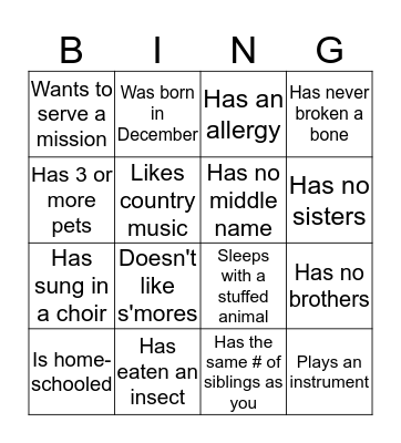 Girl's Camp BINGO Card