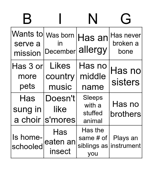 Girl's Camp BINGO Card