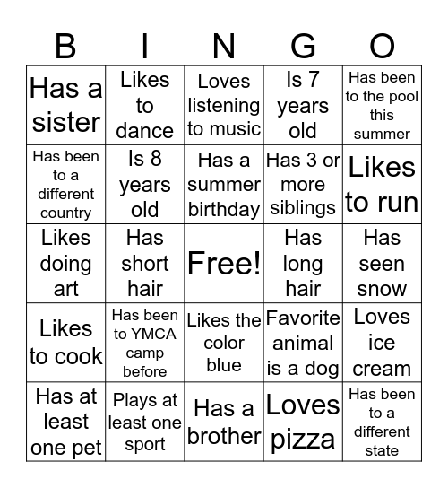 Get to Know me Bingo Card