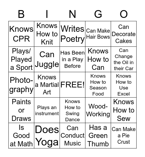 Our Sisters' Talents/ Skills Bingo Card