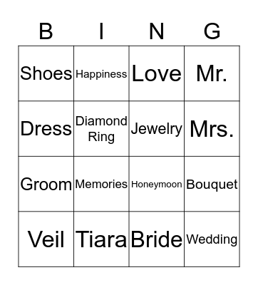 Dana's Bridal Shower Bingo Card