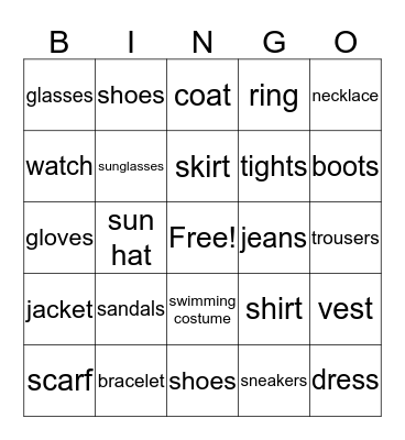 CLOTHES Bingo Card