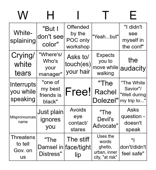 White Fragility Bingo Card