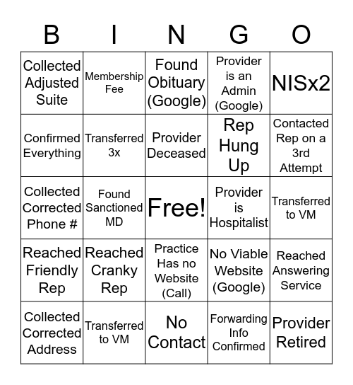 Provider Match Bingo Card