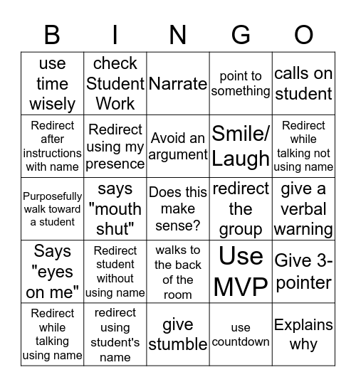 Behavior Bingo  Bingo Card