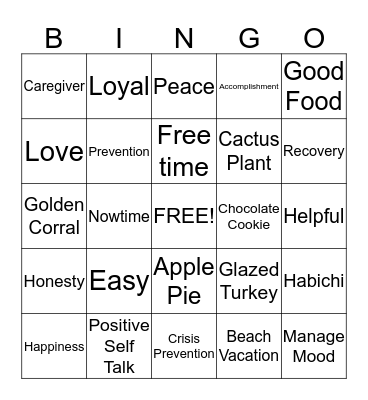 Mental Health Recovery Bingo Card