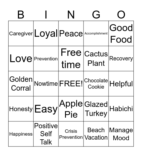 Mental Health Recovery Bingo Card