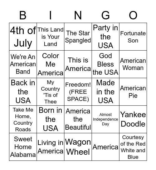 July 4th Week BINGO - USA! Bingo Card