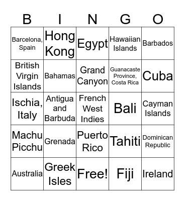 Vacation Destinations Bingo Card