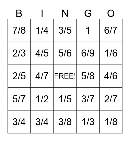 Fraction Bingo Card