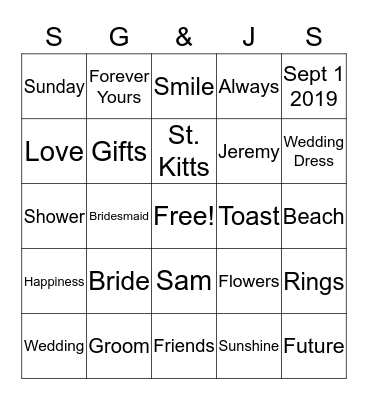 Sam and Jeremy Bingo Card