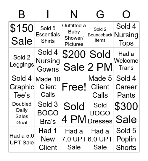 Associate Sales Challenge Bingo Card