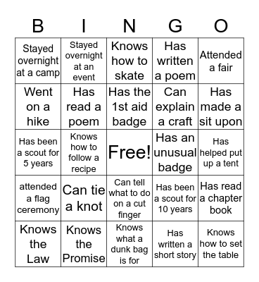 Girl Scout Bingo .. Find Someone Who.... Bingo Card