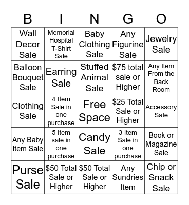 Cottage Place Gift Shop Bingo Card