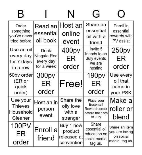 Essential Oil Bingo Card