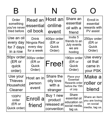Essential Oil Bingo Card