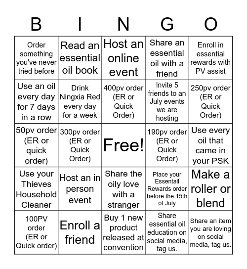 Essential Oil Bingo Card