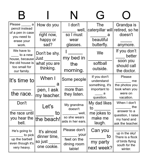 Verb Sentence Bingo Card