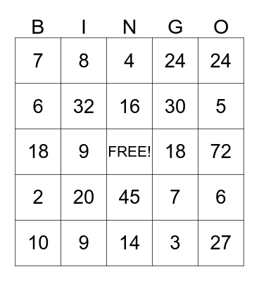 Multiplication and Division Bingo Card