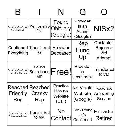 Provider Match Bingo Card