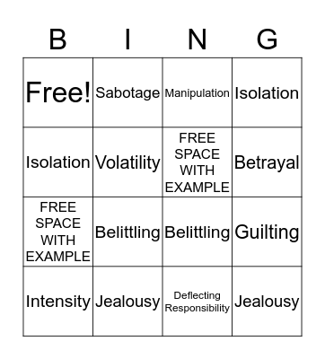 Signs of an Unhealthy Relationship Bingo Card