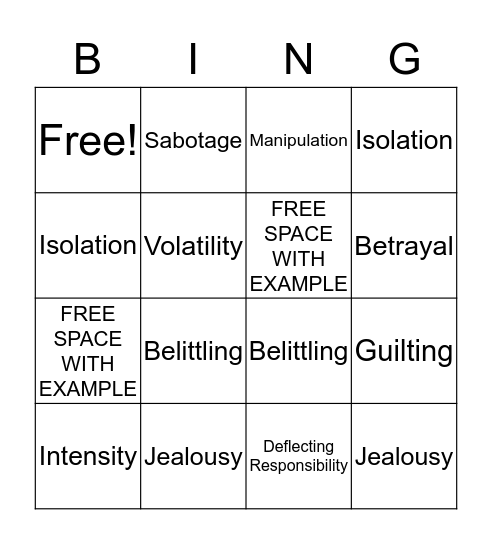 Signs of an Unhealthy Relationship Bingo Card