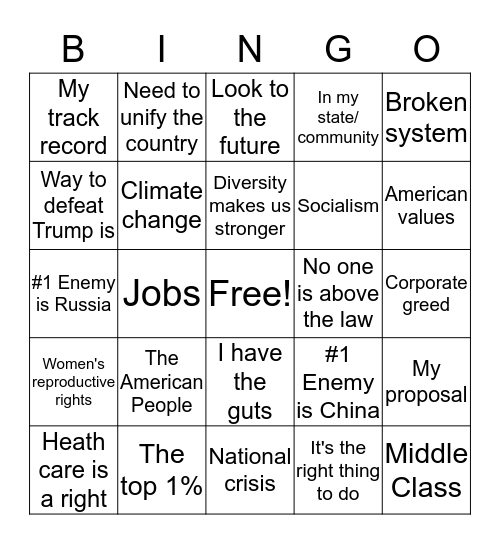 Democratic Debate BS Bingo Card