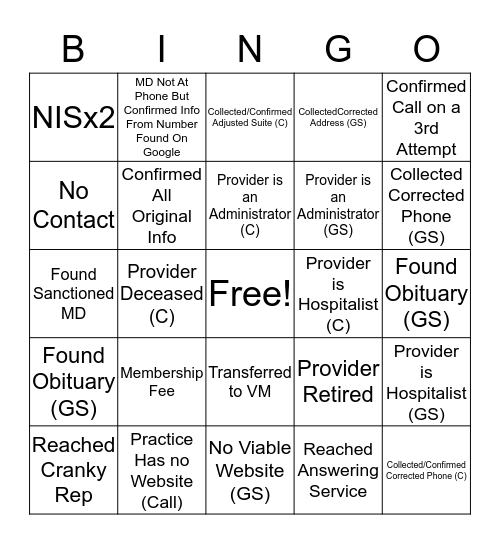 Provider Match Bingo Card