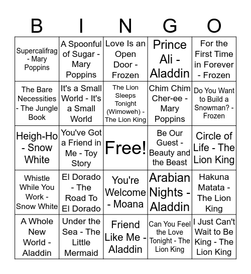 Disney Songs Bingo Card