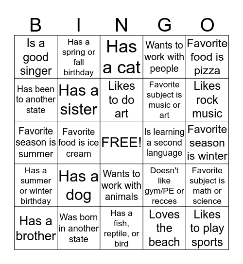 "All About Me!" Bingo Card