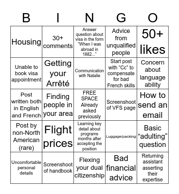 Assistants de Langue Facebook Group Bingo Card
