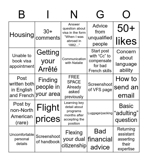 Assistants de Langue Facebook Group Bingo Card