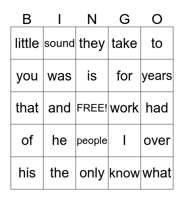 Sight Words Bingo  Bingo Card