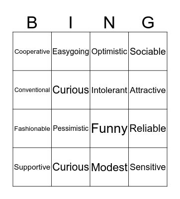 Personality Traits Bingo Card