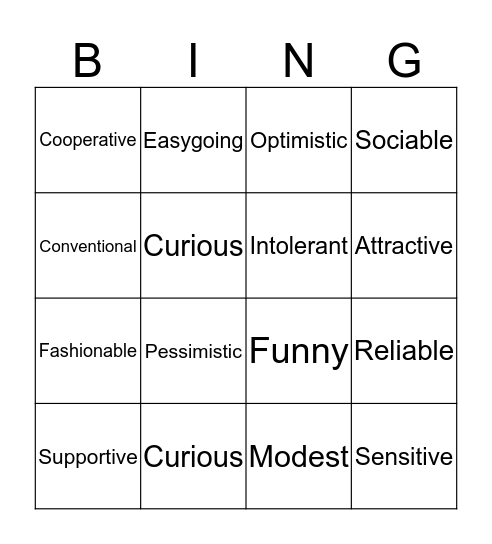 Personality Traits Bingo Card