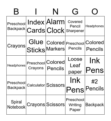 Indy BackPack Attack Bingo Card