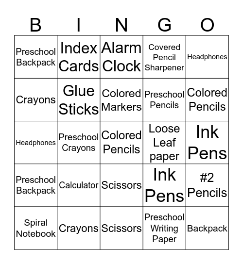 Indy BackPack Attack Bingo Card