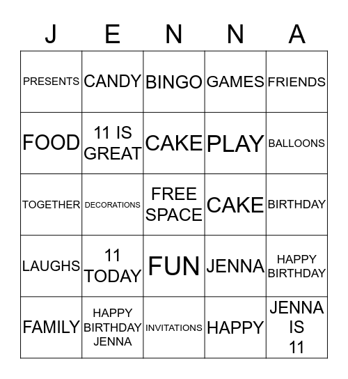 JENNA'S BIRTHDAY BINGO Card