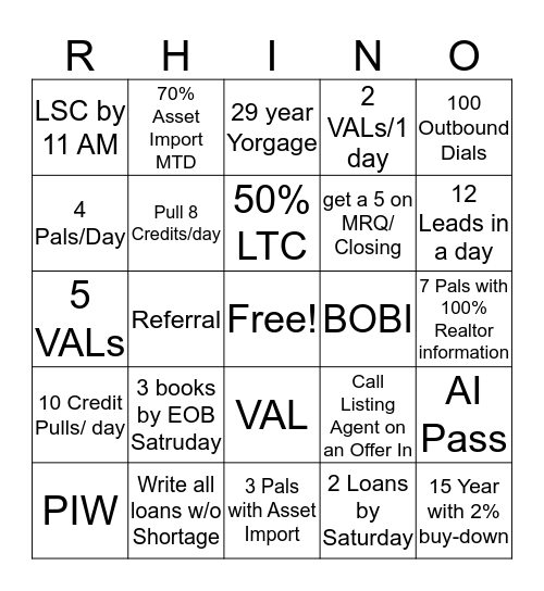 RHINO Bingo Card