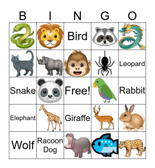 Animal Bingo Card